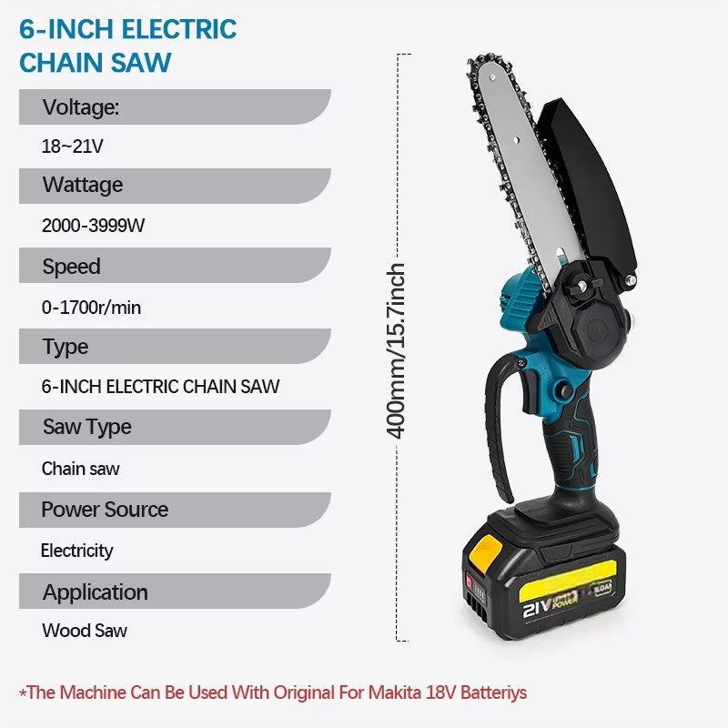 1700RPM 6 Inch Mini Li-Ion Electric Chainsaw One Hand Portable Electric Saw Fit 18V Makita Battery