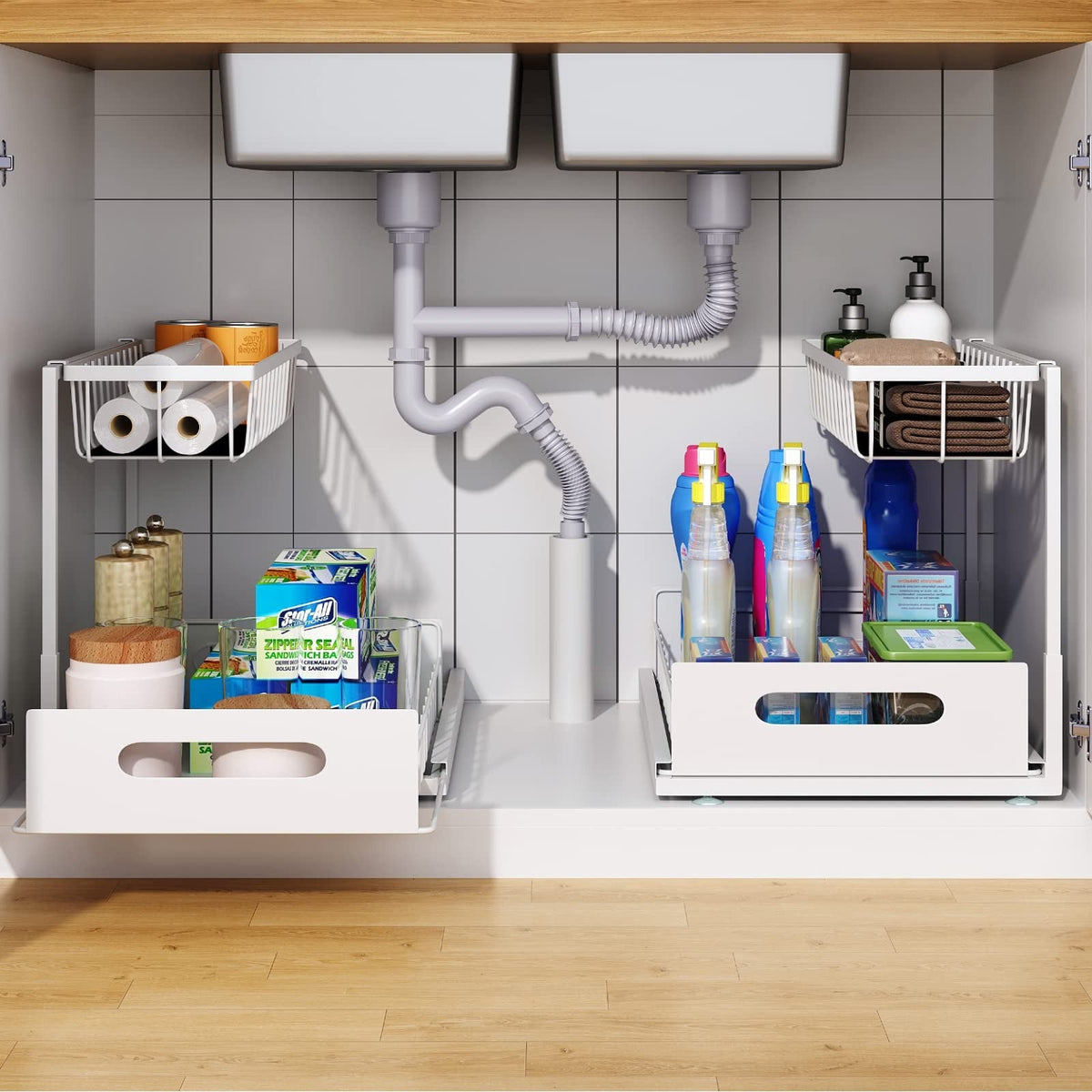 Under Sink 2 Tier Sliding Cabinet Basket Organizer Drawer Pull Out Cabinet Multi-Purpose Sink Organizer for Bathroom Kitchen