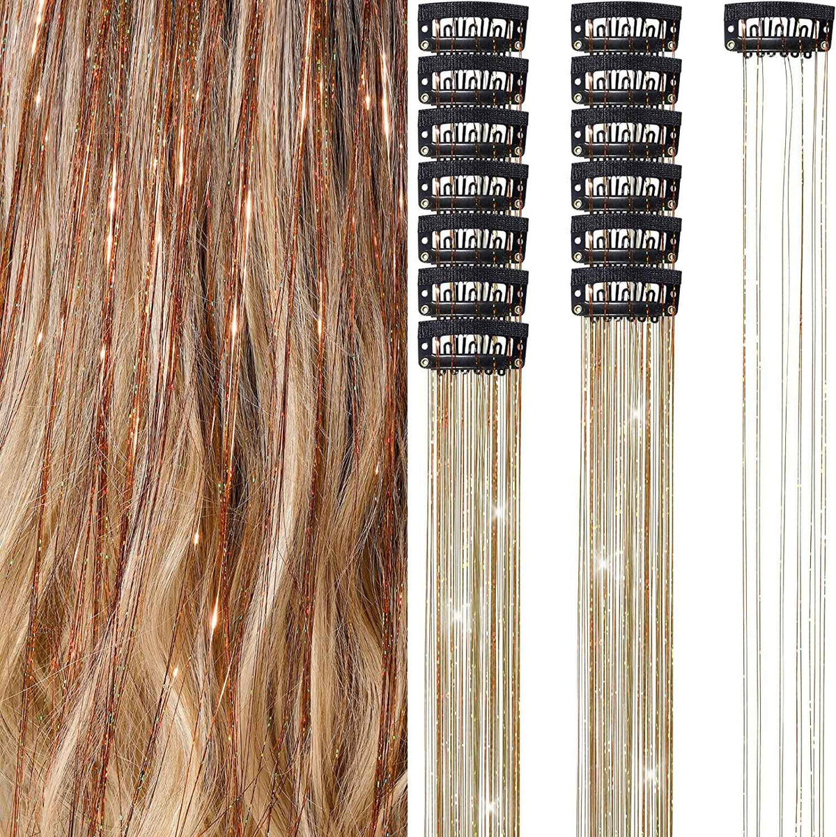 6Pcs 50cm Sparking Shiny Hair Tinsel Hair Extensions Tinsel Synthetic Hair Clip Extensions Women for Braiding Headdress