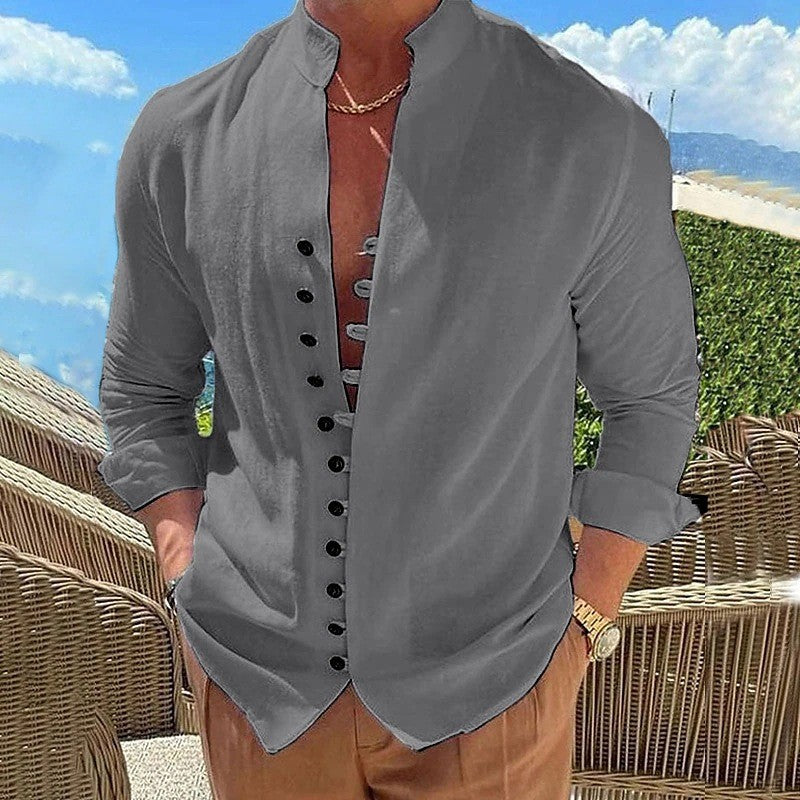 Men Business Workwear Blouse Shirts Autumn Spring Male Vintage Cotton Linen Blouse Tops LRFZ-776