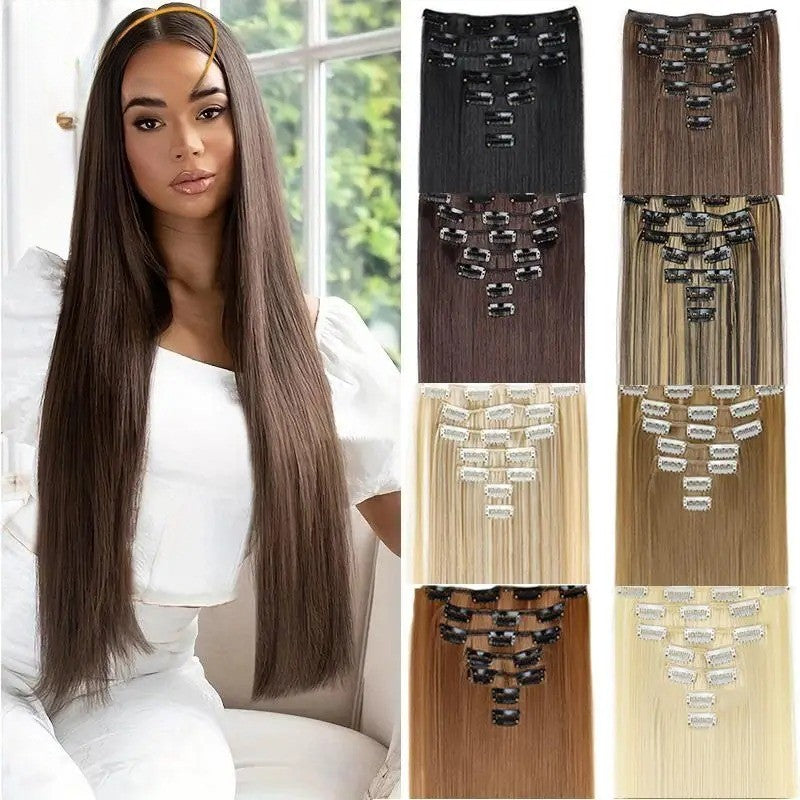 24Inch Synthetic 7Pcs/set Long Straight Hair Extension 16Clips Hairstyle Black Blonde Hairpiece for Women 2026