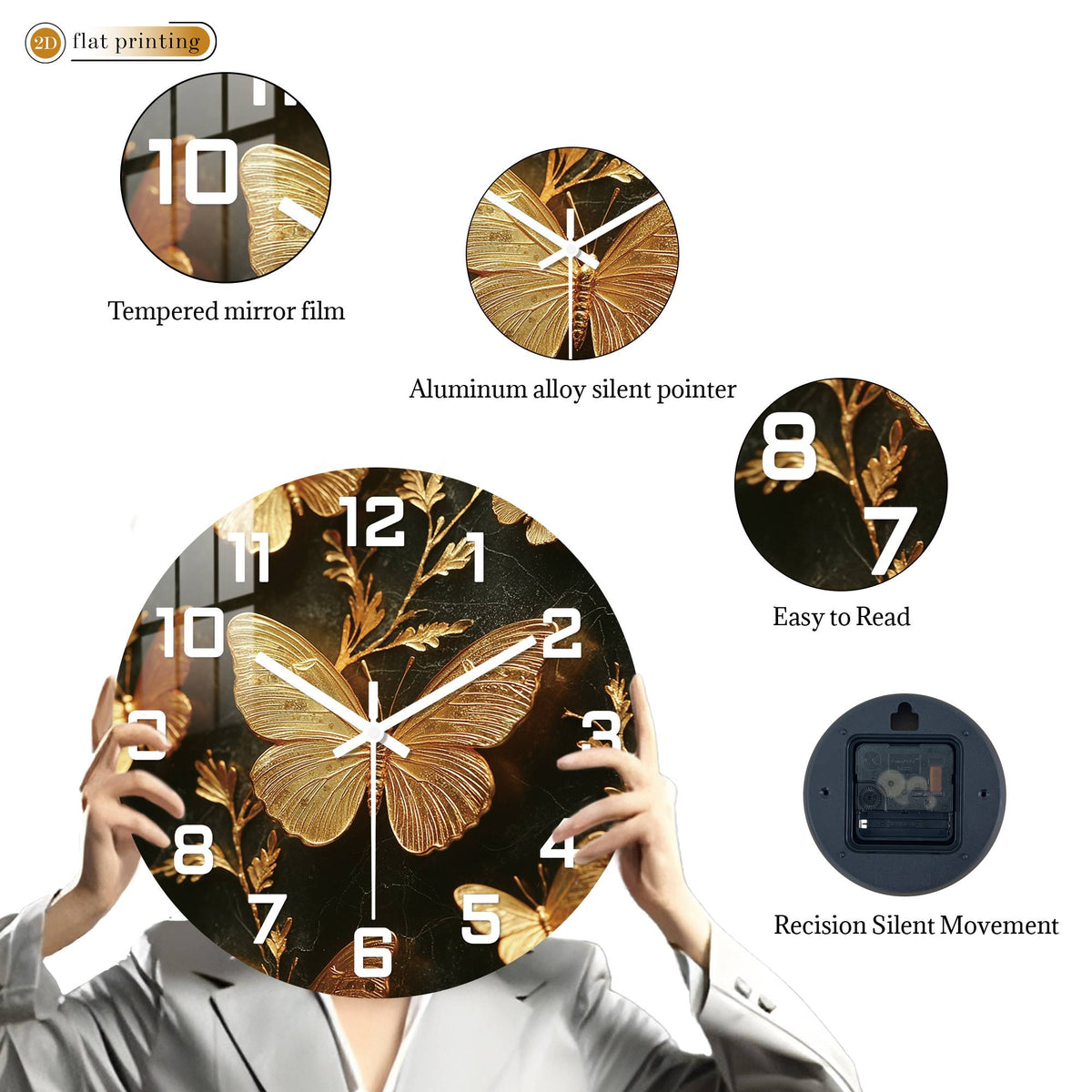 Golden Butterfly Elegance Wall Clock, Luxe Marble Background Decor, Glamorous Home or Office Timekeeper