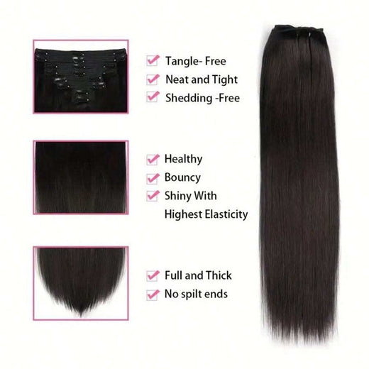 24 Inch 250 % Density Clip In Hair Extensions Real Human Remy Black For Women Invisible Natural Straight Seamless 8pcs 100g