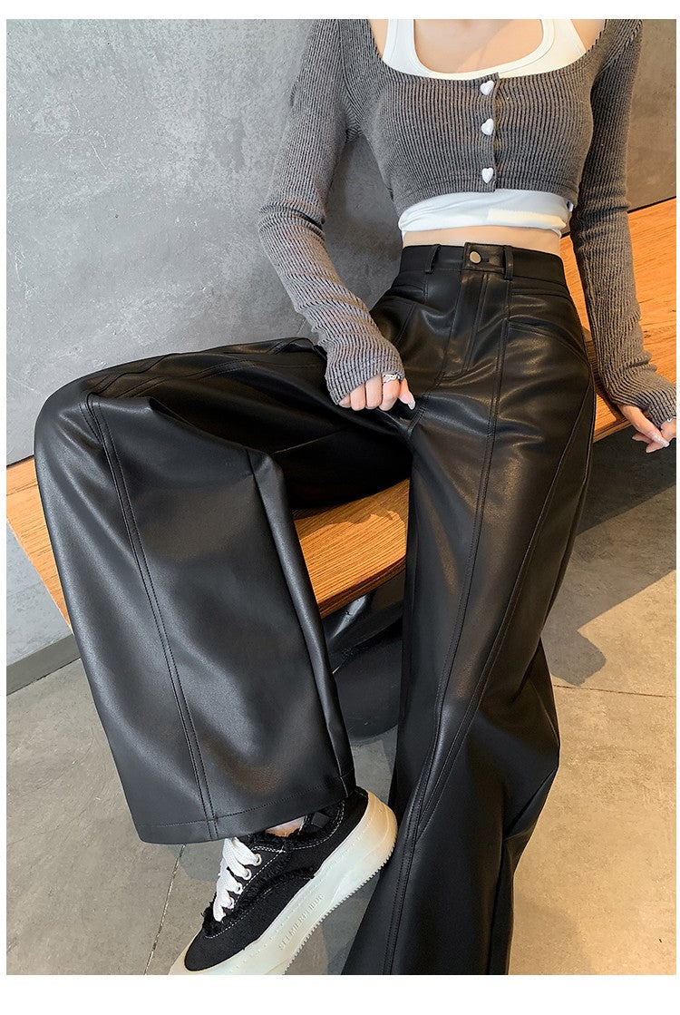2025 New High Waist Vintage Black Women's PU Leather Wide-Leg Pants Loose Straight Retro Casual Floor-Length Pant Autumn Winter