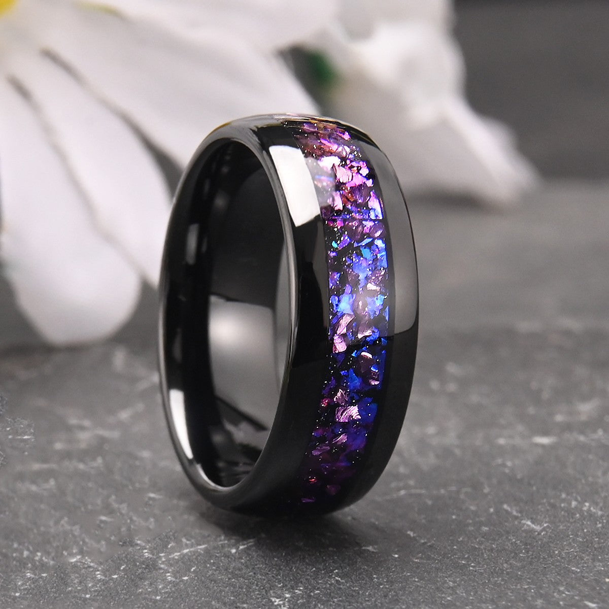 Mens Tungsten Carbide Ring Amethyst Inlay Black Wedding Band Engagement Promise Jewelry Gift 8MM Width Durable For Men DailyWear