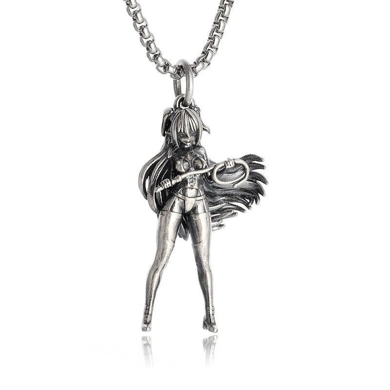 Silver-Plated Anime Mecha Beautiful Girl Girl Pendant Necklace Men and Women Hip-Hop Rock Punk Trendy Jewelry Gift