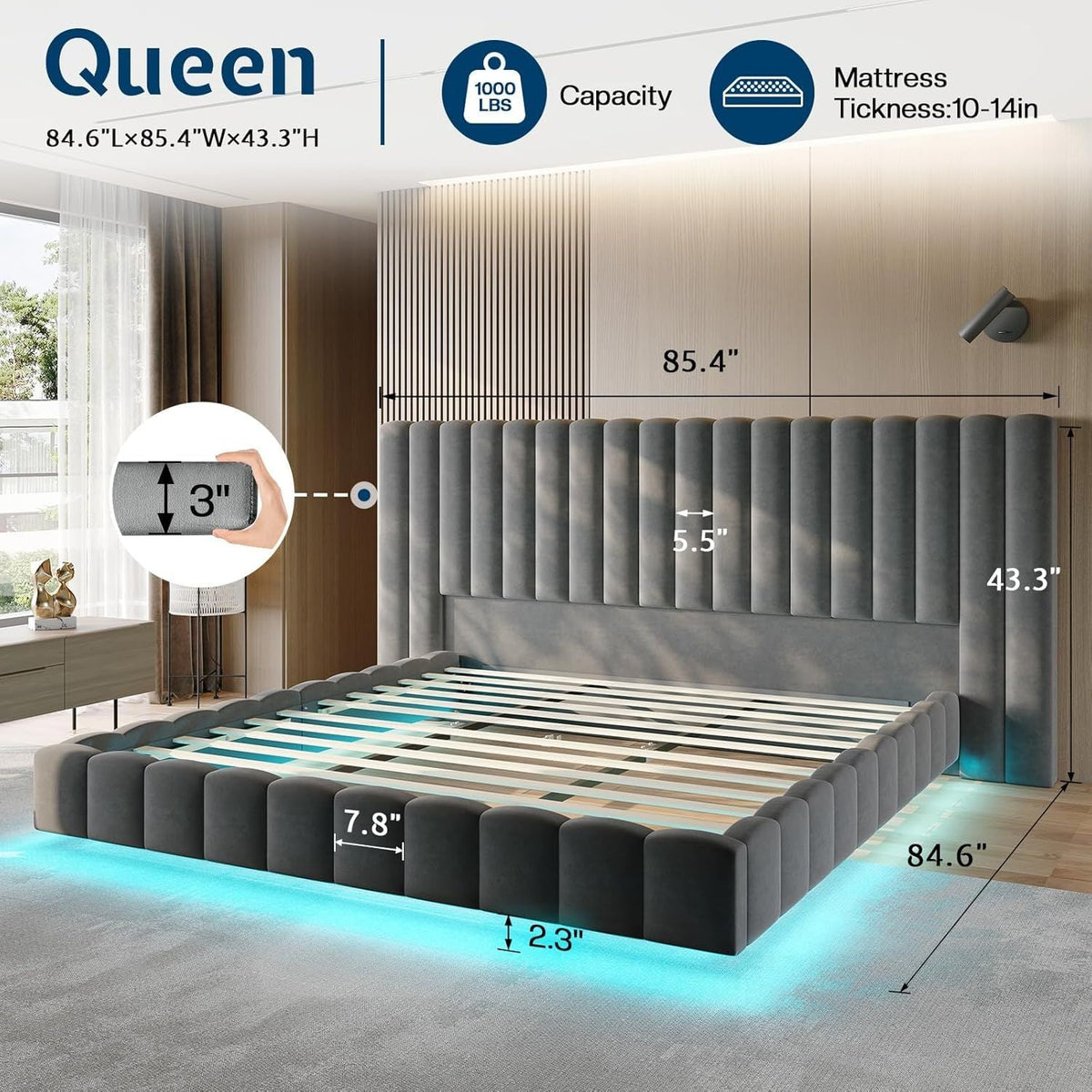 Queen Bed Frame with LED Lights and Upholstered Oversized Headboard, Modern Velvet Platform with Floating Design, No Box