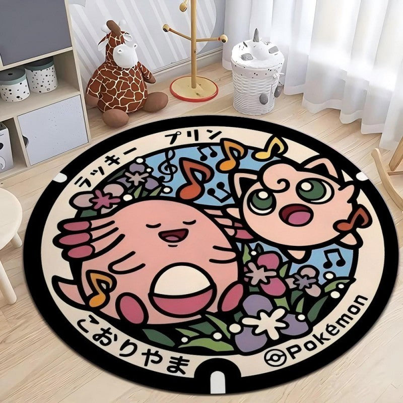 MINISO Japanese Anime Pokemon Round Rugs Non-Slip Floor Mat for Home Living Room Bedroom Circle Rug Washable Round Carpet Decor