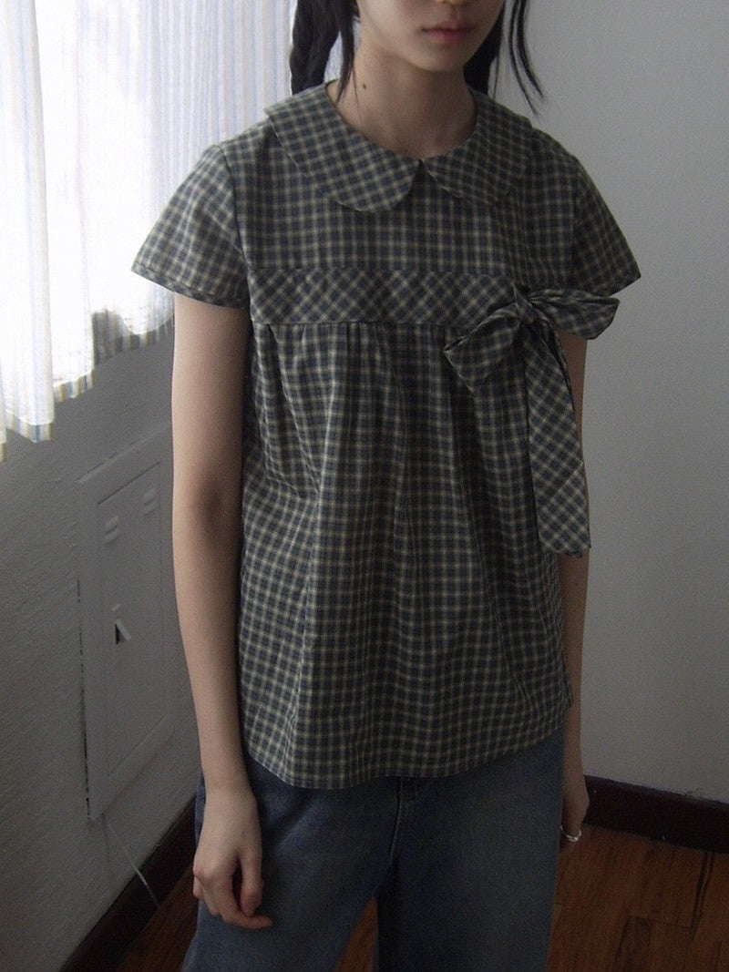 Vintage Plaid Shirts Women Japanese Harajuku Bow Peter Pan Collar Blouses Summer Korean Aesthetic Short Sleeve Casual Tops New