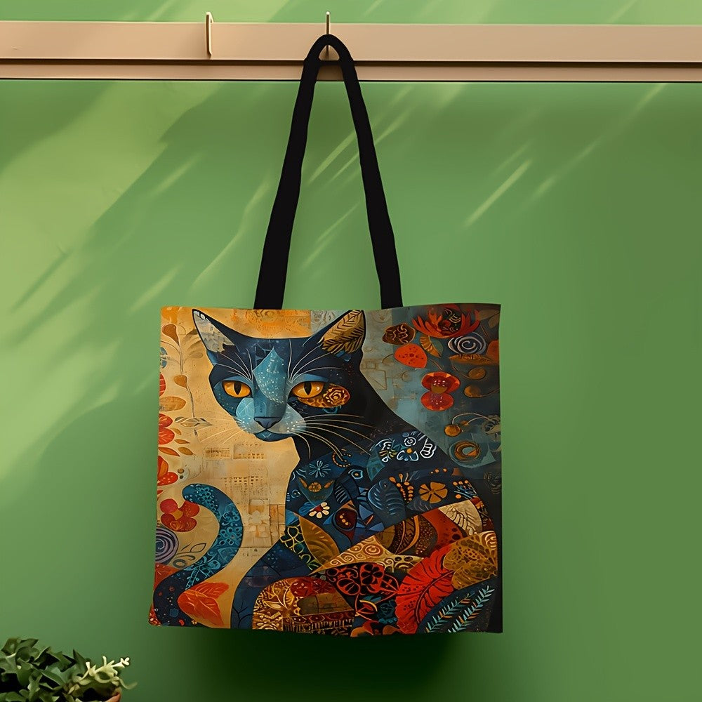 1pc Abstract Cat Tote Bag Cute Quirky Small Animal Shoulder Bag Printed Linen Eco Handbag Shopping Office Reusable Casual Bags
