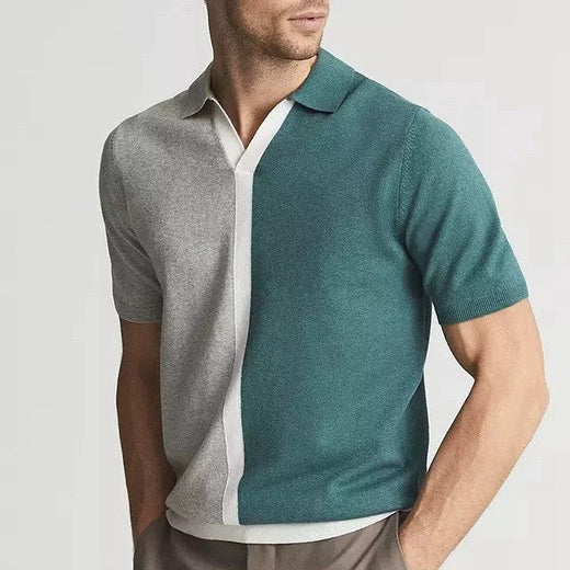 Men's ribbed knitted lapel contrasting shirt, breathable striped pullover casual wear, comfortable and high-quality men's shirt
