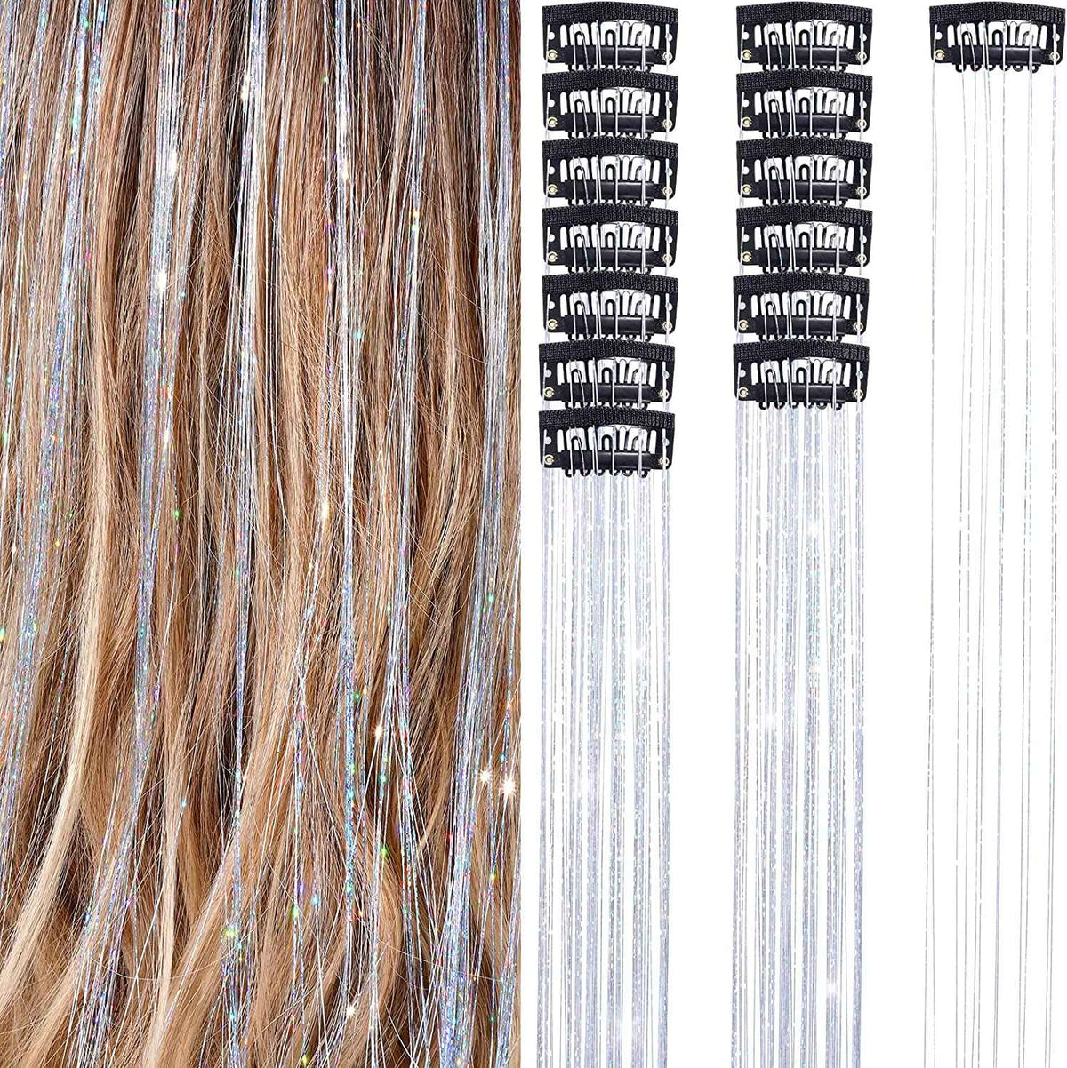 6Pcs 50cm Sparking Shiny Hair Tinsel Hair Extensions Tinsel Synthetic Hair Clip Extensions Women for Braiding Headdress