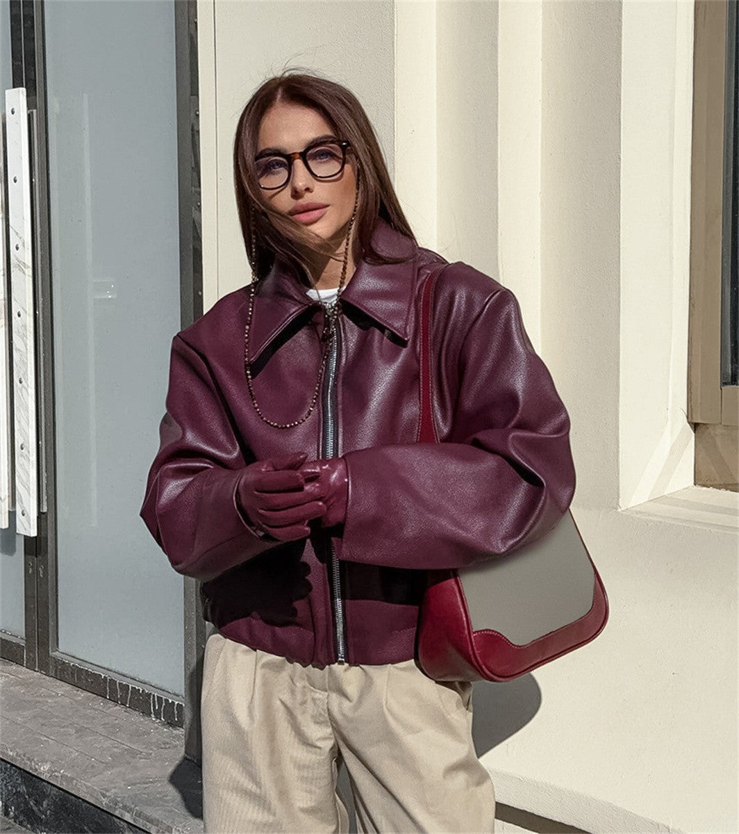 Women Vintage Wine Red Faux Leather Jakcet Fashion Outerwear Zipper Lapel Pu Coats Autumn Winter Streetwear Ladies Short Tops