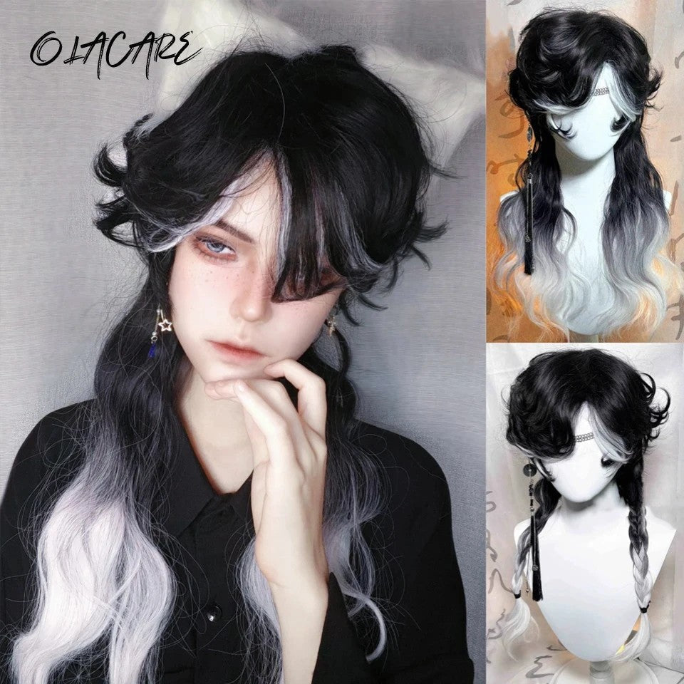 OLACARE Short Mullet Head Wigs with Bangs Synthetic Straight Anime Men Black White Gray Green Hair Wig for Daily Party Cosplay