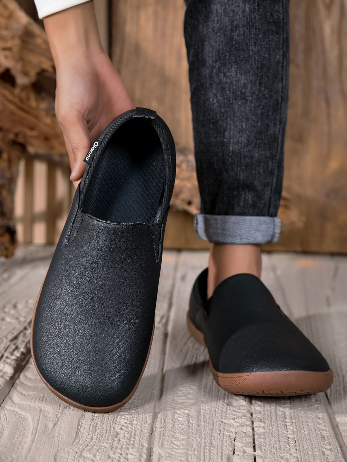 Oiaano Wide Toe Men Minimalist Shoes Comfortable Sneakers Leather Casual Shoes Black Slip On Leisure Loafers Drive Office