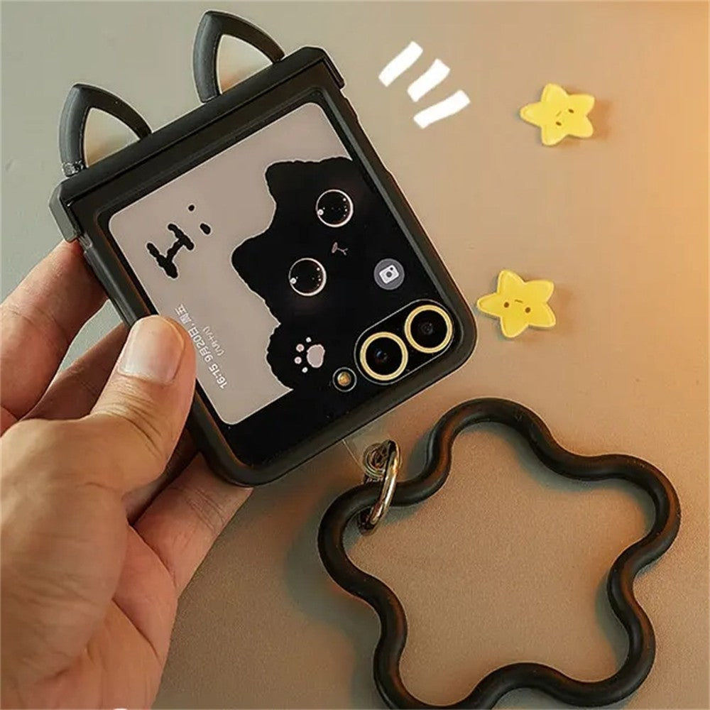 Korean Japan Cute Cat Ears Black Phone Case For For Motorola Razr 60 50ultra Razr 40 Ultra For Samsung Galaxy Z Flip 7/6/5/4/3