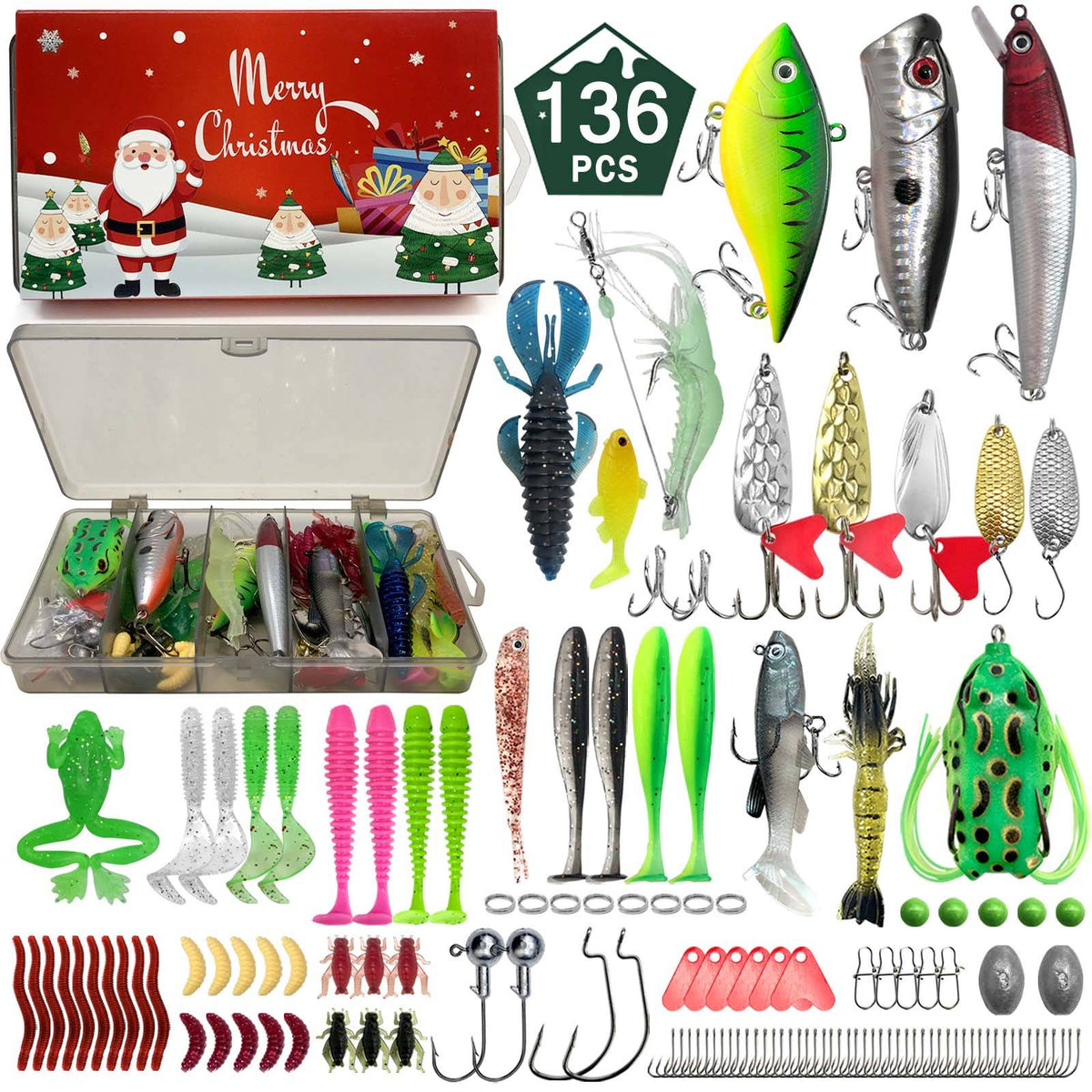 411/366/136/86Pcs of Christmas fishing lure set with storage box, which is common in salt water and fresh water