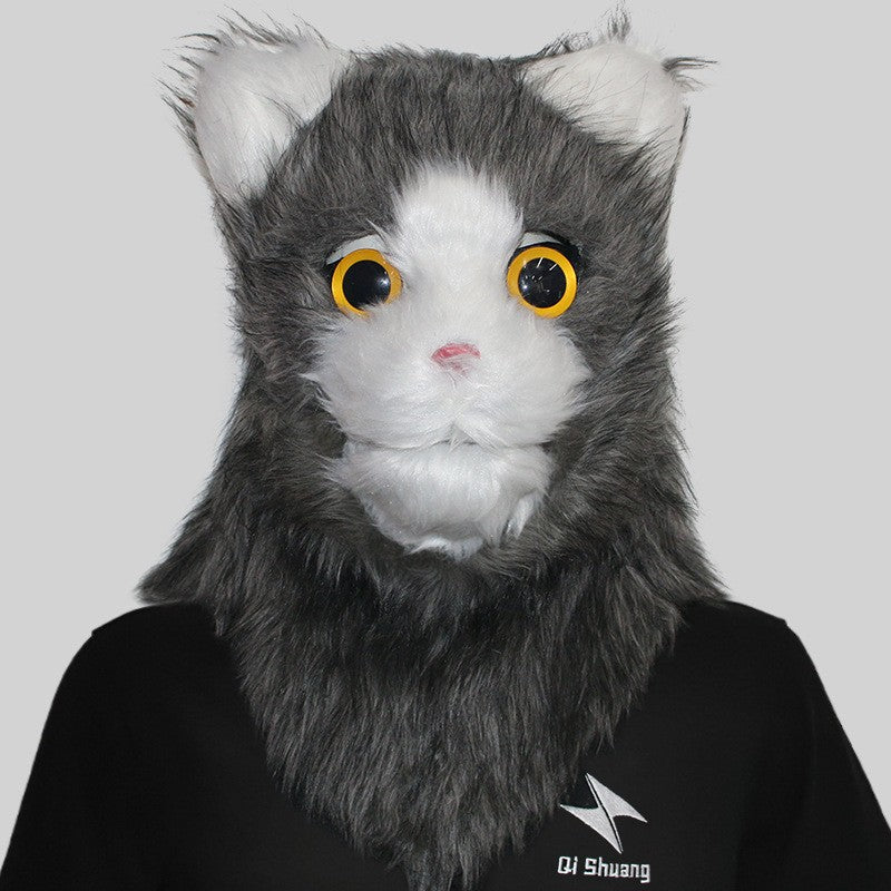 Movable Mouth Cat Head Mask Animal Latex Cute Helmet Artificial Fur for Halloween Costumes Party Props Adult Size
