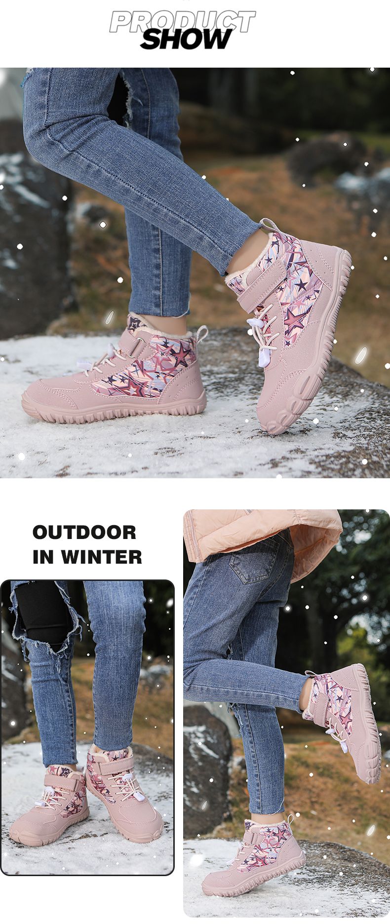 2025 Kids Barefoot Snow Boots Wide Toe Winter Insulated Waterproof Fur Lined Shoes for Boys Girls Cold Weather Outdoor Sneakers