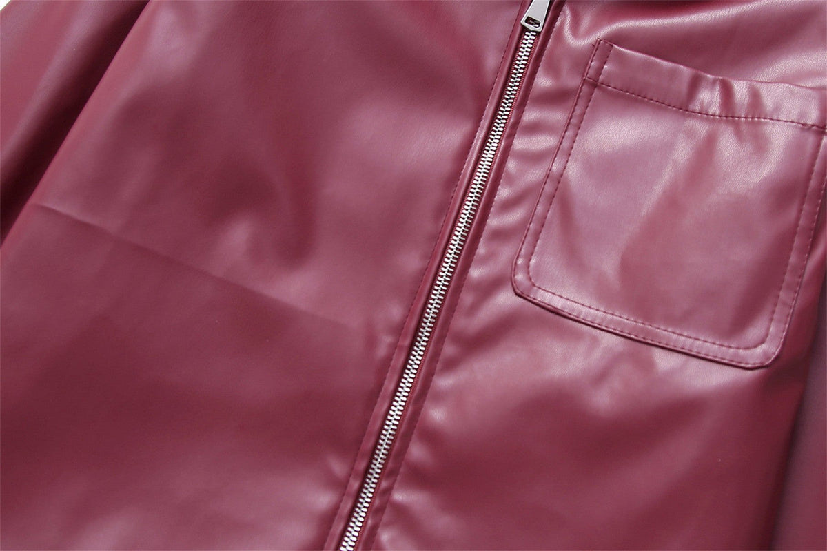 Women Vintage Wine Red Faux Leather Jakcet Fashion Outerwear Zipper Lapel Pu Coats Autumn Winter Streetwear Ladies Short Tops