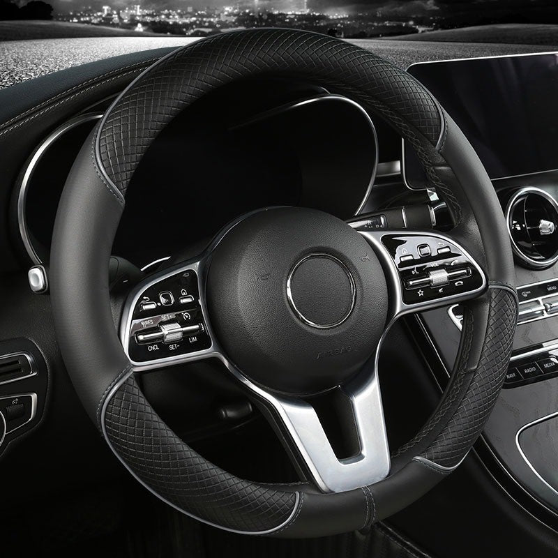 All Seasons Leather Diamond Steering Wheel Cover Universal Fit for 14 .5-15 Inch Durable Leather Cover Anti-Slip Veins Design
