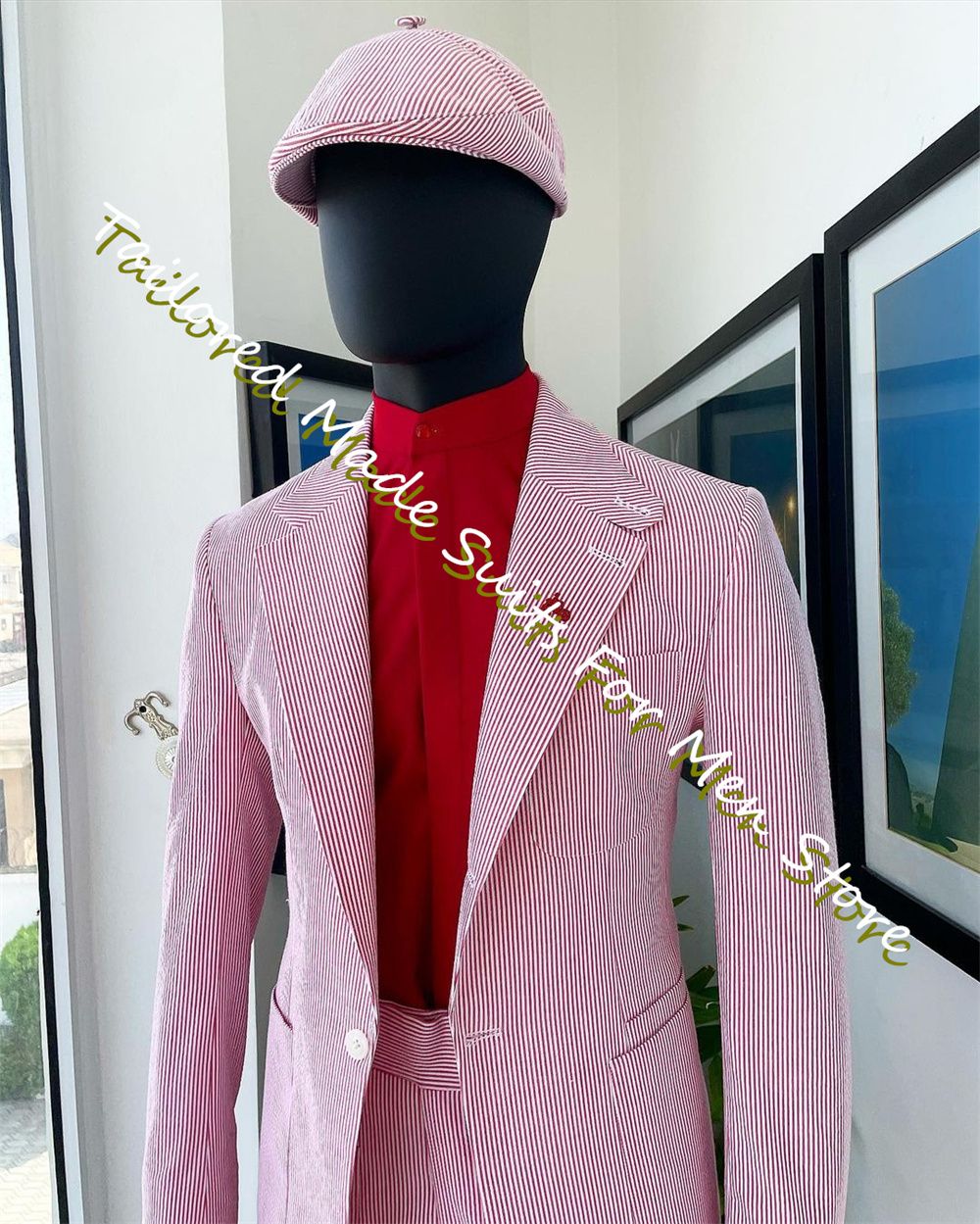 Summer Men'S Blazer Pink Seersucker Prom Dresses Slim Fit Men'S Suit Male Set 2 Pieces High Quality Luxury Jackets Trousers
