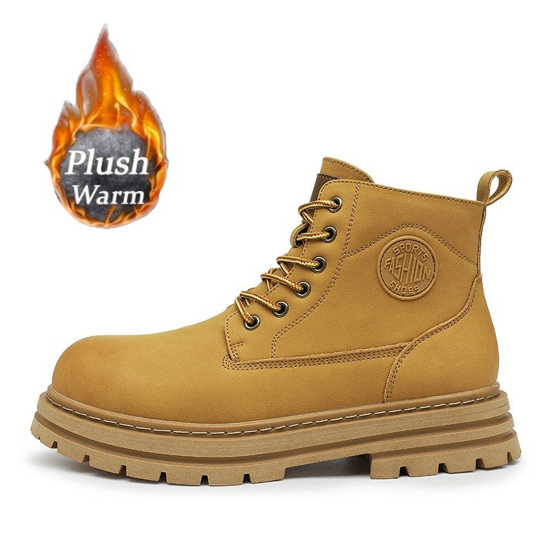 New winter men's shoes rain boots motorcycle leather shoes plush warm outdoor leisure high-top lace-up women's boots