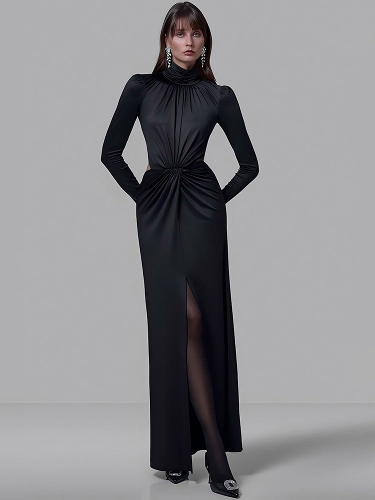 Mozision Turtleneck Backless Sexy Maxi Dress Women Gown Autumn Winter Elegant Long Sleeve Thigh High Split Club Party Long Dress