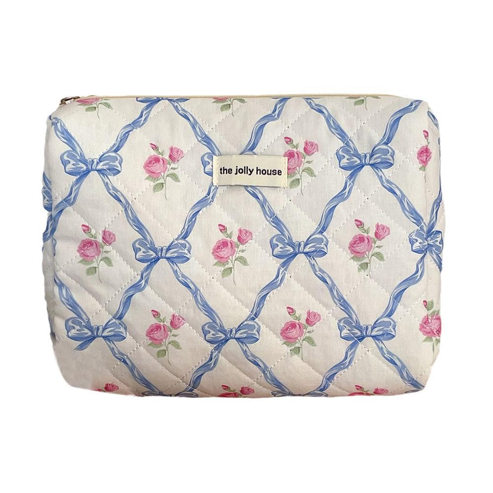 Cute Bow Flower Cloth Handbag Quilting Cotton Makeup Bag Women Zipper Cosmetic Organizer Portable Toiletry Case for Girls