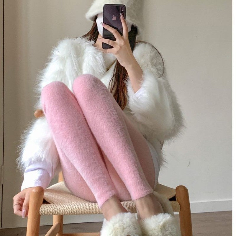 Pink Mink Velvet Pants Women High Waist Elasticity Plush Casual Thermal Leggings Tight Knitted Straight Wear Outside Trousers