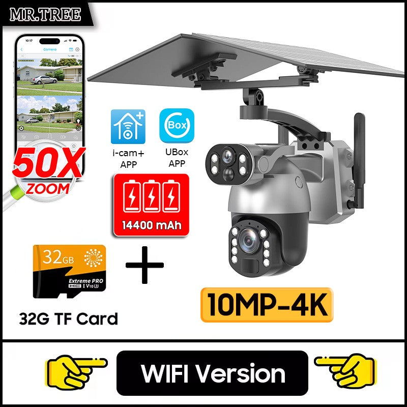 50XZOOM Solar Camera 4G SIM/WiFi Dual Lens Outdoor Security Camera with Night Vision,Waterproof Wireless Surveillance for Garden