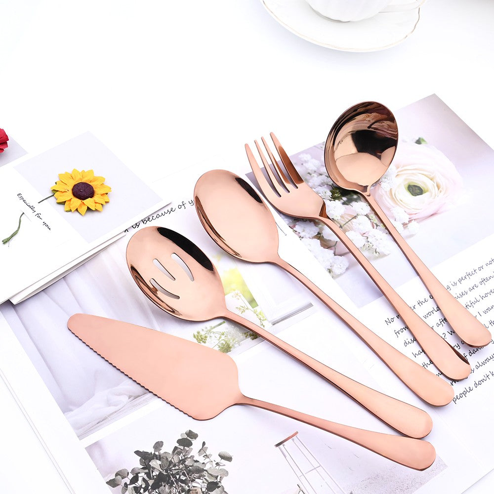 Drmfiy 5/7Pcs Black Cutlery Serving Utensils Dinnerware Set Buffet Catering Flatware Serving Colander Spoons Fork Silverware Set