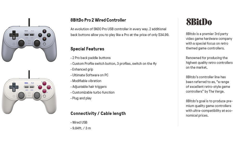 8BitDo Pro 2 Wired Gamepad USB Controller for Nintendo Switch Windows Steam Raspberry Pi NS Switch Game Control