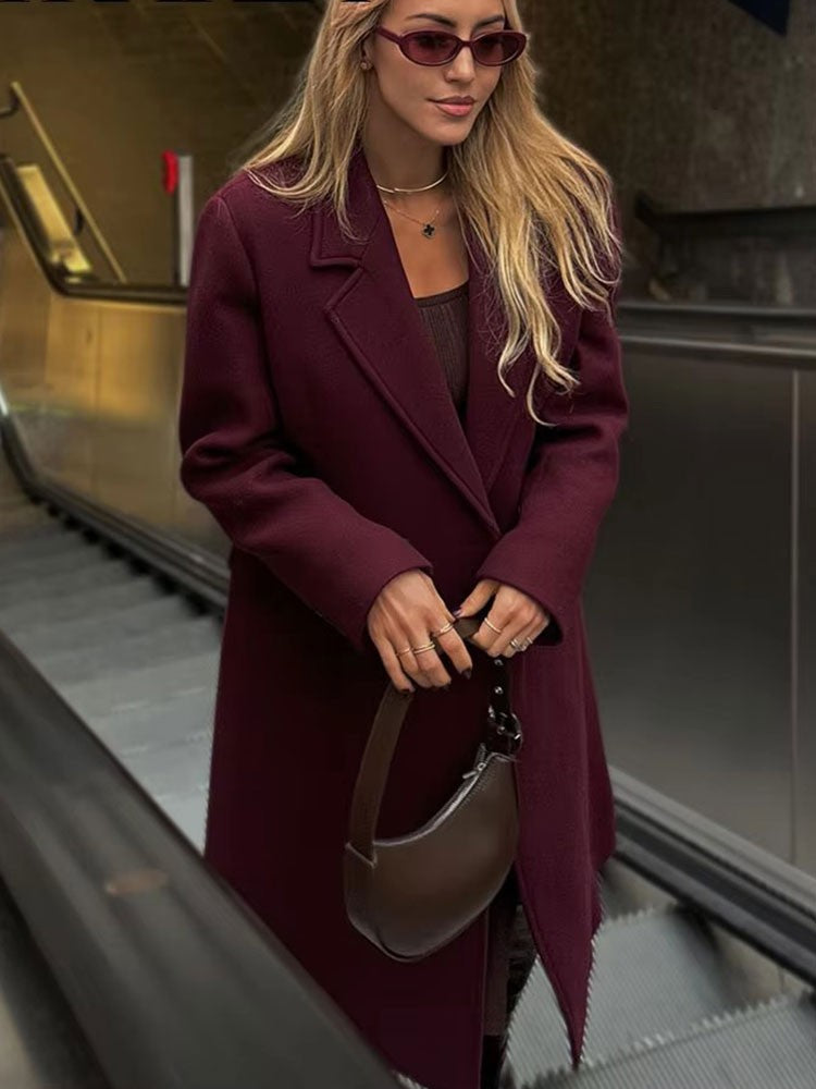 HH Women Fashion Burgundy Woolen Coat Double Breasted Long Sleeve Lapel Blends Jacket Autumn Winter High Street Outerwear