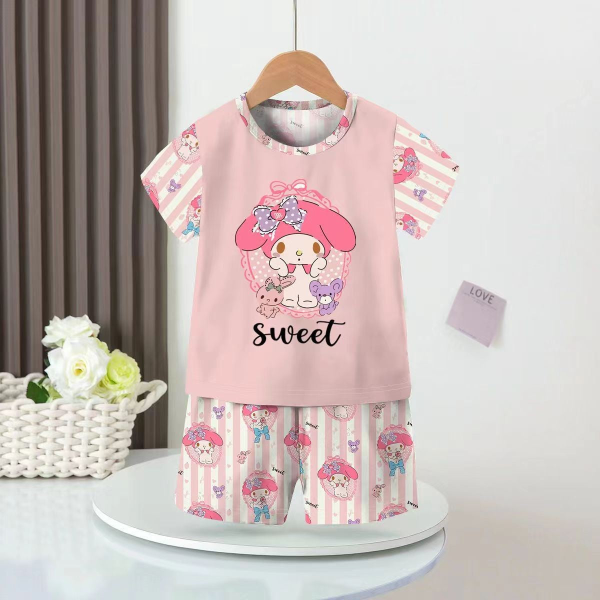 Spring and Autumn Girls' Short-sleeved Shorts Thin Air-conditioned Clothing Pajama Pajamas Sleepwear Robe Children's Mother Kids