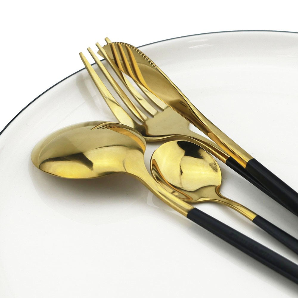 8Pcs Dinner Spoon Dinnerware Stainless Steel Silverware Gold Tableware Kitchen Flatware Black Cutlery