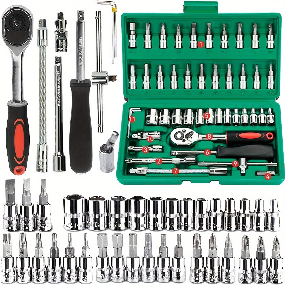 Advanced Car Repair Kit , Green Toolbox, 46pcs Professional Ratchet Set Professional Tool Set, Car Maintenance Essentials