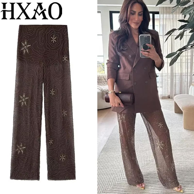 HXAO Women's Pants 2025 Beaded Tulle Pants For Woman Baggy Sequin New In Pants Spring Summer Semi Sheer Women's Trousers 088