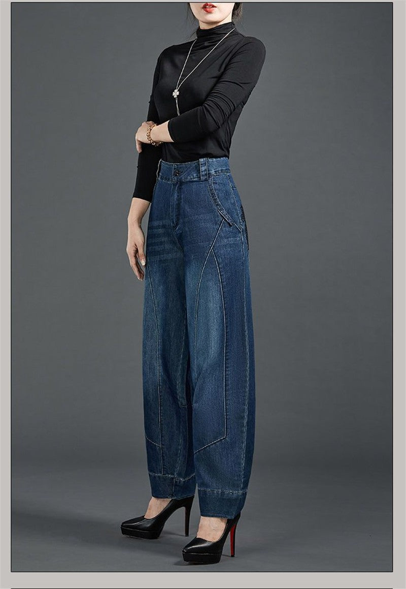 Autumn Winter High Waisted Women Jeans Casual Loose Embroidery Bloomers Trousers Female Fashion Wide Leg Denim Pants Blue