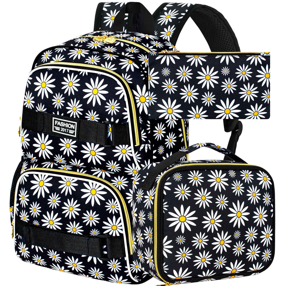 3PCS Daisy Girls Backpack, 17 Inch Laptop School Bookbag Teen College Water Resistant Kids Backpacks with Lunch Box Set - Grey