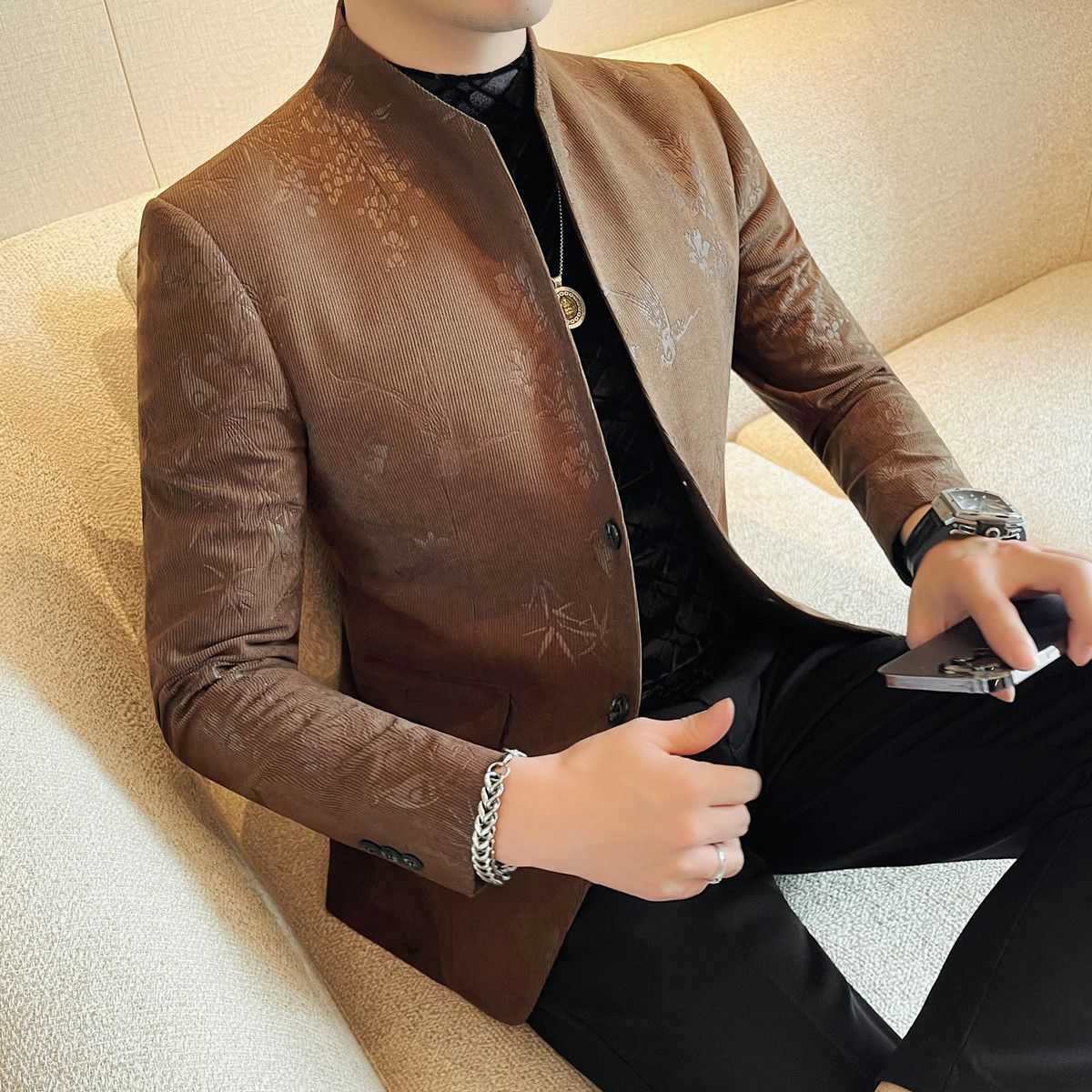 Men's New Chinese Stand Collar Blazer Jacket 2025 Fashion Elegant Printed Slim Fit Business Suits Jacket Tailcoat Men Clothing