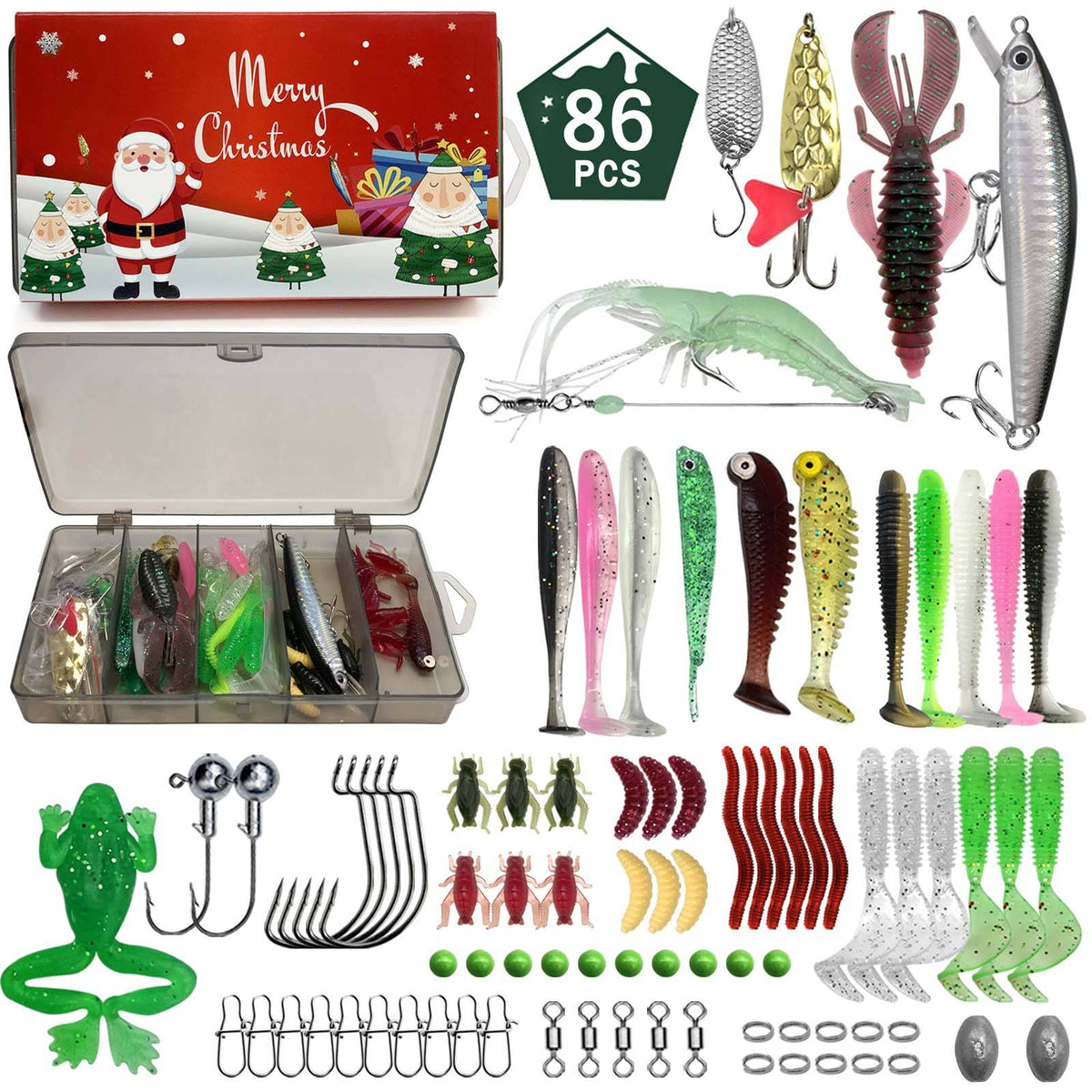 411/366/136/86Pcs of Christmas fishing lure set with storage box, which is common in salt water and fresh water
