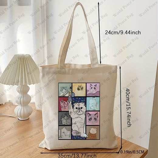 Cute Cartoon Cat Pattern Tote Bag Shopping Bag, Casual Canvas Shoulder Bag, Portable Storage Bag, Taylor merch Gift