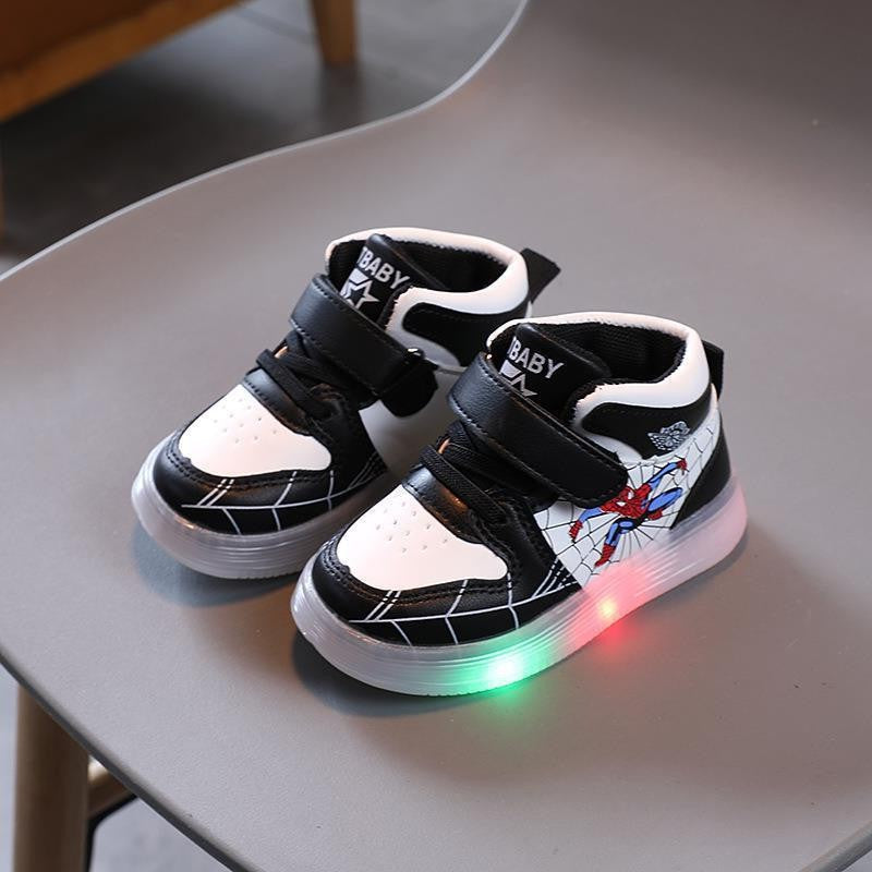 Disney Children's Sneakers Boys Girls Spiderman Led Light Sport Shoes Student Shoes Hook Anti-slip Kids Outdoor Basket Shoes