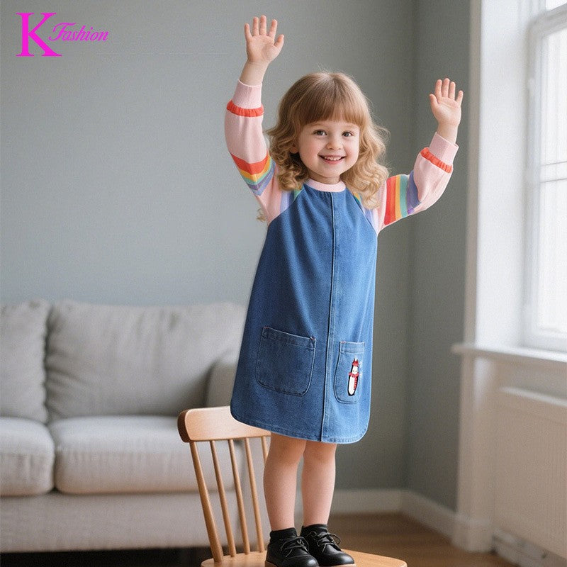 New Girls' Dress Round Neck Children's Princess Dress Denim Fabric Toddler Kids Clothing 4-8Y