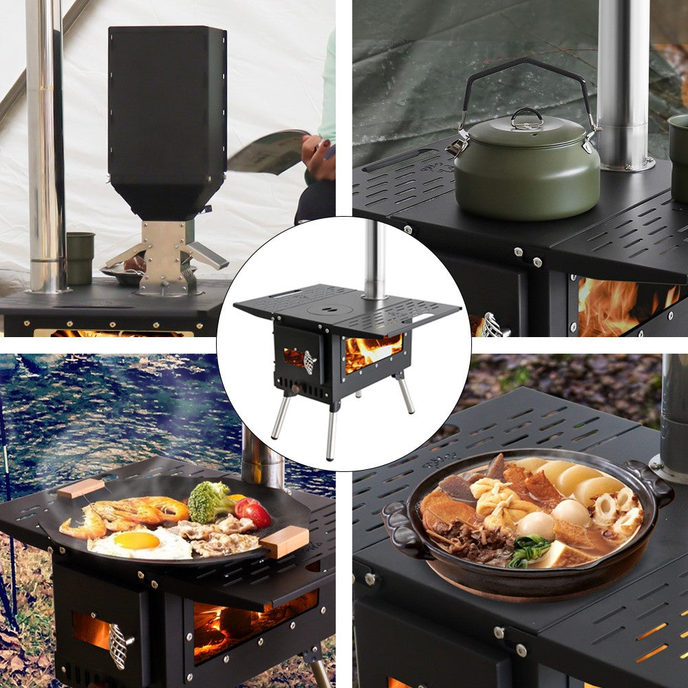 Hot Tent Wood Burning Stove Folding Stainless Steel 5-Section Chimney Outdoor Camping Wood Heater with Cooking Wing Panels