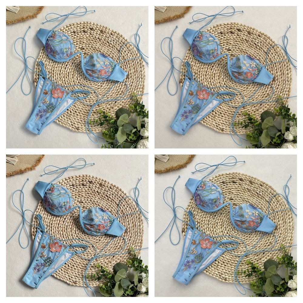 DEBAIOR 2025 Women Bikini Set Floral Embroidery Lingerie Set Women Sheer 2-Piece Boho Bra + Panty Underwear Set Intimates