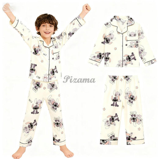 2pcs Stitch Print Kids Pajama Set for Boys and Girls Long Sleeve Top & Pants Set Stitch Lilo Comfy Set Button Down Loungewear