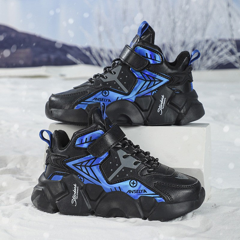 Winter Children's Fashion Sports Shoes Leather Boys' Running Sneakers Flat Casual Walking Shoes Warm Lightweight Outdoor Boots