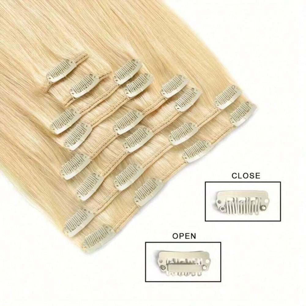 8pcs Clip In Hair Extensions Real Human Hair Clip Ins Human Hair Extension With 18 Clips Double Weft For Women Blonde Color #613